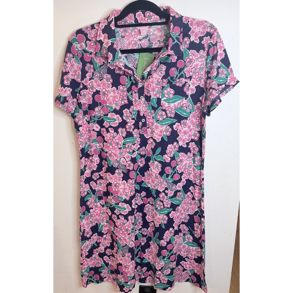 Lilly Pulitzer Carolyn Dress XL Bright Navy Cherry Picker Floral Cotton NWT